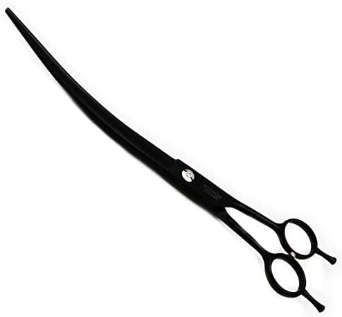 Purple Dragon 9.0 inch Twin Tails Downward Curved Blade Pet Grooming Scissors Dog Hair Cutting Shears with Bag for Professional Left Handed or Right Hand Pet Grooomer (Black Downward Curved)