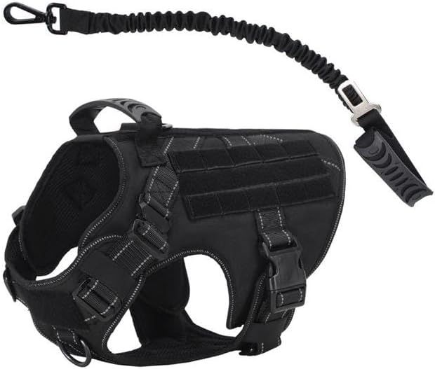 Large Dog Black Tactical Harness Vest with Leash Set, No Pull Harness with Handle, Heavy Duty Harnesss and Leash Combo, Winter Harness Vest,Safety reflectors