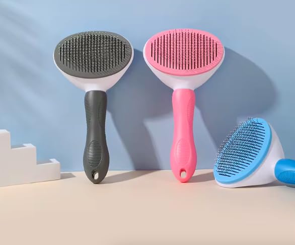Pet Clean Hair Remover Button Stainless Steel Brushes Dogs Cat Slicker Self Cleaning Grooming Pet Comb Brush (pink)