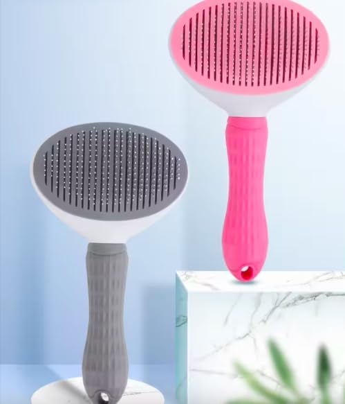 Pet Clean Hair Remover Button Stainless Steel Brushes Dogs Cat Slicker Self Cleaning Grooming Pet Comb Brush (pink)