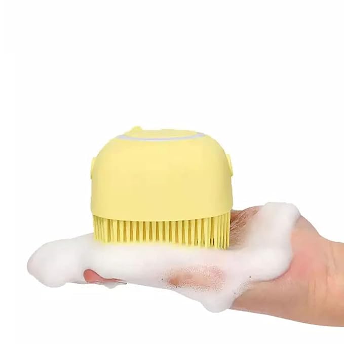 Dog Brush – Cat Brush – Shampoo Dispensing Scrubber – Soft Silicone Design – Hanging Loop – For All Skin Types – Grooming, Deshedding and Exfoliating, Yellow