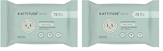 ATTITUDE Pet Grooming Wipes, Hypoallergenic Plant and Mineral-Based Ingredients, Vegan and Cruelty-Free Biodegradable Products, Unscented, 72 count (Pack of 2)