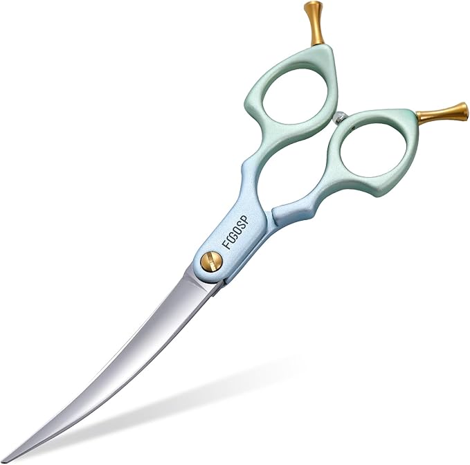 Professional Curved Dog Grooming Scissors with Sharper Self Grinding lightweight and finely trimmed split structure 6.5'' Japan VG10 63HRC for small dogs cat pet(Blue&Green)