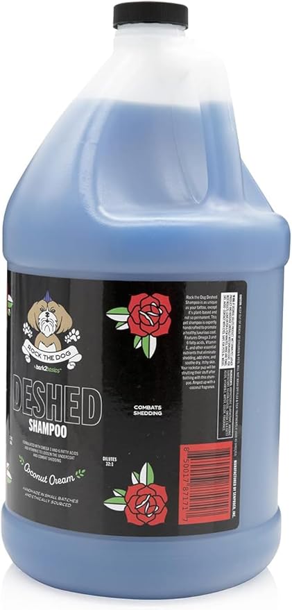Bark2Basics Rock The Dog DeShedding Pet Shampoo, 1 Gallon - Reduces Shedding and Excessive Hair, Removes Undercoat, Vitamin Infused, 32:1 Concentrated, Professional Grade