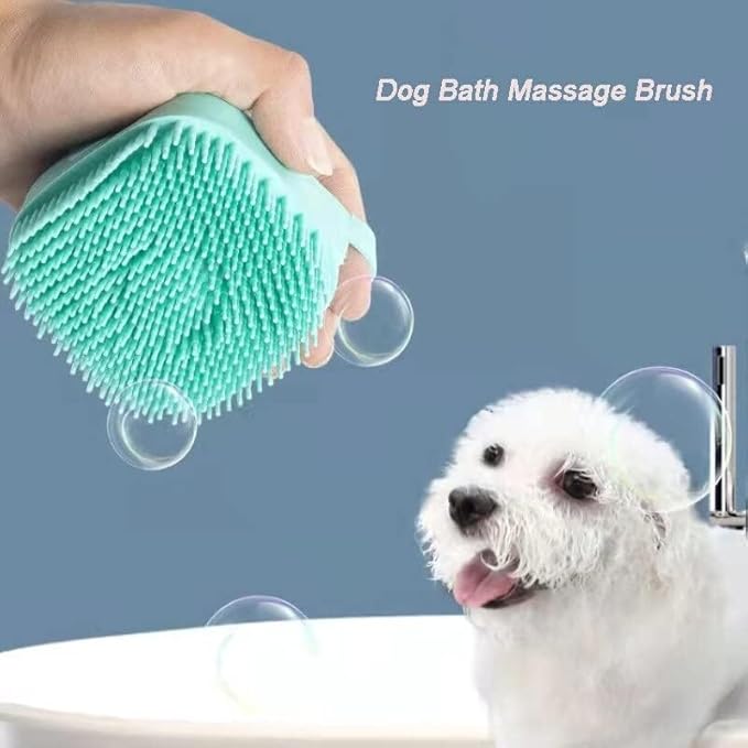 goodbark's Pet Grooming Bath Massage Brush with Soap and Shampoo Dispenser Soft Silicone Bristle for Long Short Haired Dogs Cats Shower (Blue)
