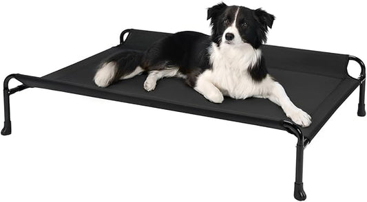Veehoo Elevated Dog Bed, Cooling Raised Dog Bed with Guardrail & Headrest, Upgraded Non-Slip Silicon Feet, Breathable Teslin Mesh, Portable Pet Cot for Indoor and Outdoor, Medium, Black, CWC2404