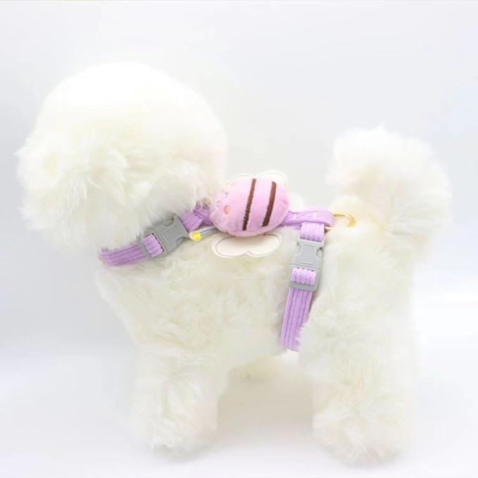 Dog Harness (Purple, Large) - Adjustable Pet Walking Training Harness with Matching Leash - Soft Corduroy Material - Cute Bee Design - Ideal for Everyday Use