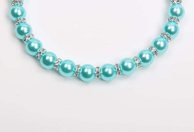 Dog Cat Pearls Necklace Collar with Bling Accessories and Ribbon Bow Pet Puppy Jewelry for Female Dogs Cats Small Medium (M, Blue)