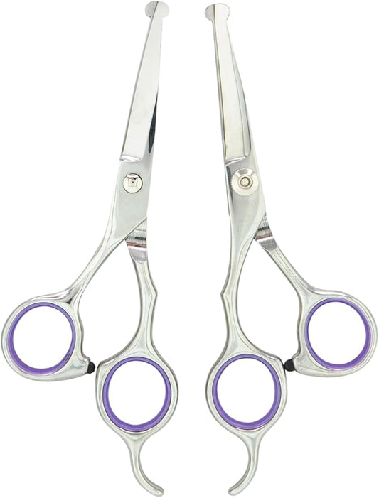 Grooming Scissors, Stainless Steel Dog Shears with Safety Rounded Tip, Set of Two Dog Scissors in a Leather Cover, Professional Pet Grooming Kit