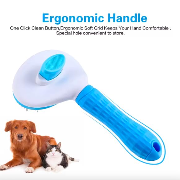 Pet Clean Hair Remover Button Stainless Steel Brushes Dogs Cat Slicker Self Cleaning Grooming Pet Comb Brush, blue, pink, grey