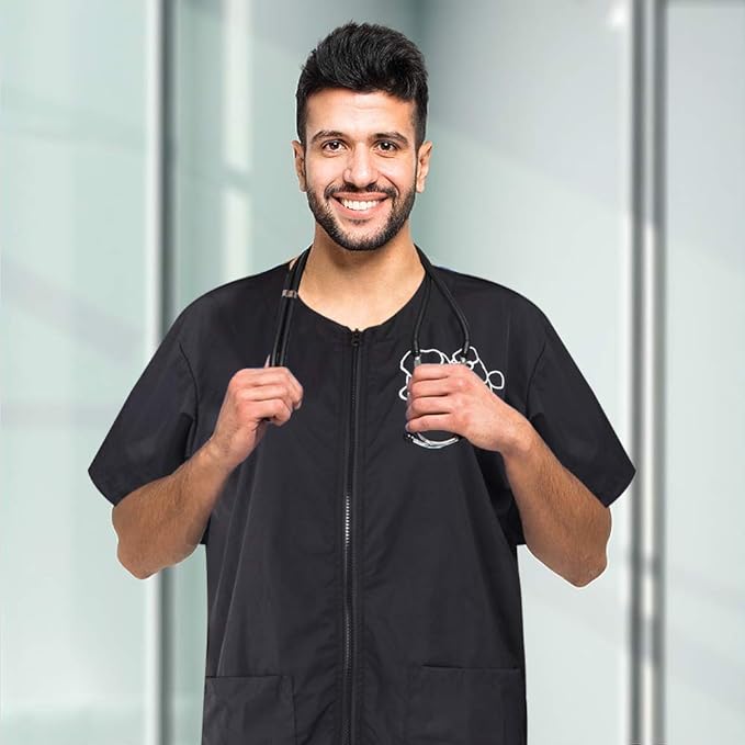 Noverlife Short Sleeves Pet Grooming Work Clothes with Full Zipper, 3XL Size, Splash Proof Anti-Static Pet Beautician Smock, Dog Cat Groomer Cosmetologist Uniforms for Pet Shop Men Women