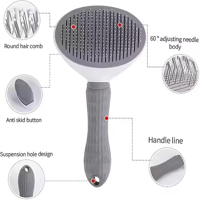 Self-Cleaning Pet Brush - One-Click Release Dog and Cat Grooming Tool with Oval Design for Easy Deshedding and Massage, Available in Sky Blue and Grey