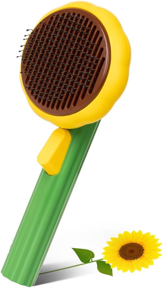 Self-Cleaning Dog & Cat Slicker Brush, Skin Friendly Deshedding Grooming Tool for Long or Short Haired Dogs Cats Rabbits, Dog Shedding Brush with Release Button-Sunflower