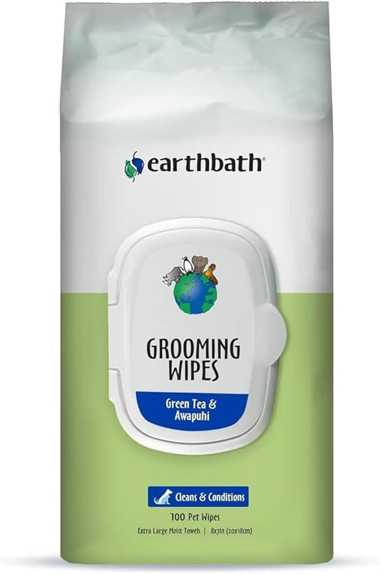 earthbath Green Tea and Awapuhi Grooming Wipes- Dog and Cat Cleaning Wipes for Paws and Butt, Cruelty-Free, Removes Dirt and Dander- 100 Count, 1 Pack
