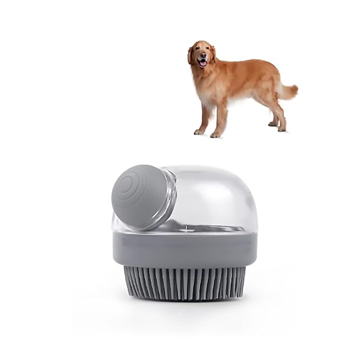 Pet Bath Brush with Soap Dispenser - Silicone Shower Brush for Short and Long-Haired Dogs and Cats (grey)