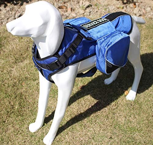 Service Dog Harness, Saddle Bag Backpack Carrier Outdoor Travel Hiking Camping Harness, Removable Saddle Bags and Patches (Blue, M Girth 20-24")