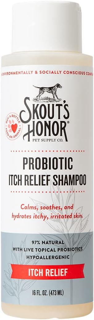 SKOUT'S HONOR Probiotic Itch Relief Shampoo for Pets - Non-Medicated, Fragrance-Free, Paraben & Sulfate-Free, with Avocado Oil & Omega 3's, 16 Fl Oz