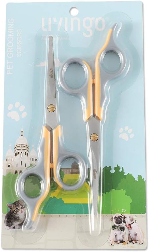 LIVINGO Professional Pet Grooming Scissors for Cats & Dogs, Titanium Coated Safe Rounded Tip and Micro Serrated Trimming Shears for Animal Face, Nose, Ear and Paw Hair, 2 Pack 6.5 inch