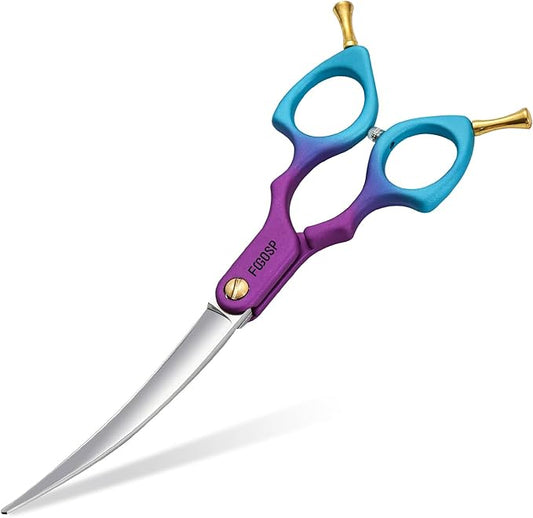 Professional Curved Dog Grooming Scissors with Sharper Self Grinding lightweight and finely trimmed split structure 6.5'' Japan VG10 63HRC for small dogs cat pet(Purple&Blue)