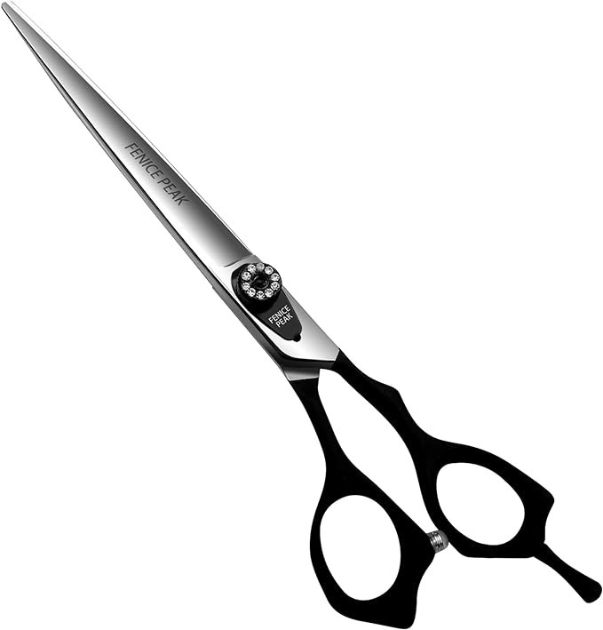 Fenice Peak 7'' Dog Straight Scissors for Grooming Heavy and Anti-Slip Black Handler 440C Stainless Steel Professional Pet Trimming Scissors Sharp Blades Cutting for Dogs and Cats