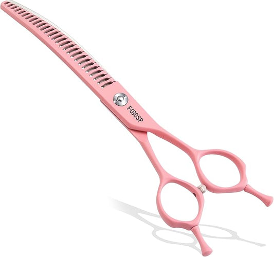 Curved Chunkers Dog Grooming Scissors 7.5" Macarone Series Professional Pet Grooming Shears for Large Dogs Pets Japan 440C Stainless Steel Sharp & Durable(Pink, 30Teeth Curved Thinners)