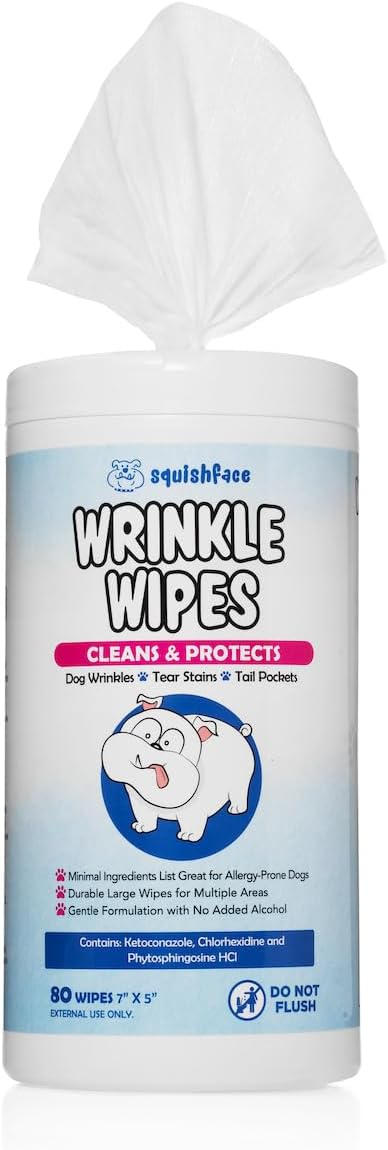 Squishface Wrinkle Wipes – 5”x7” Large Dog Wipes - Deodorizing, Tear Stain Remover – Great for English Bulldog, Pugs, Frenchie, Bulldogs, French Bulldogs & Any Breed! (80 Count)