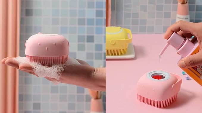 Dropshipping Soft Safe Silicone Pet Bathroom Massage Cleaning Grooming Tools Dog Cat Bath Brush with Shampoo Box (Pink), Small