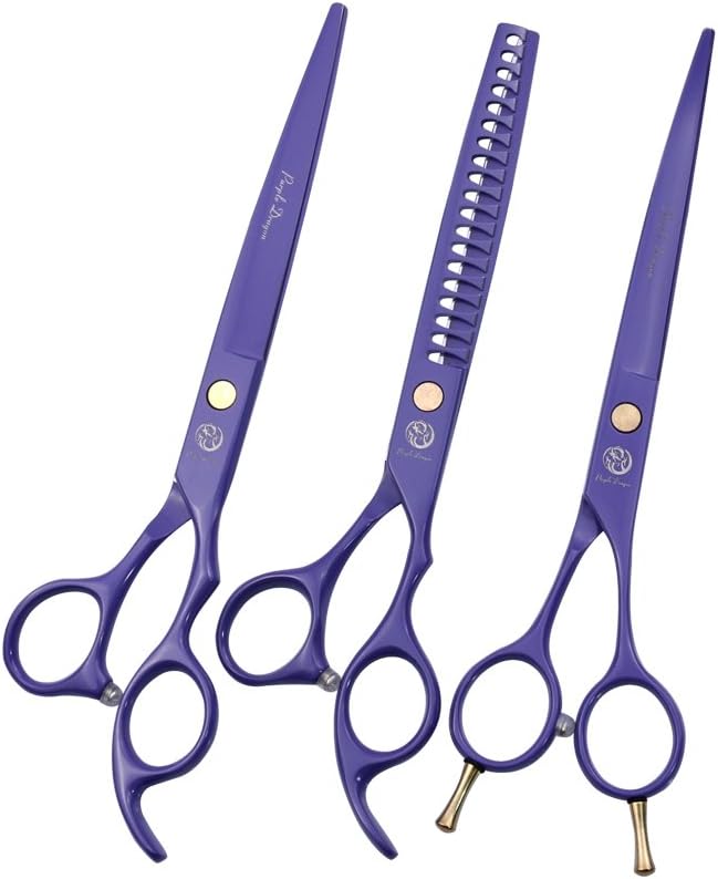 Purple Dragon 7.0 inch Professional Dog Grooming Hair Cutting Scissor &Curved Scissor&Chunker Shear Kit with Bag - for Pet Groomer or Family DIY Pet Use