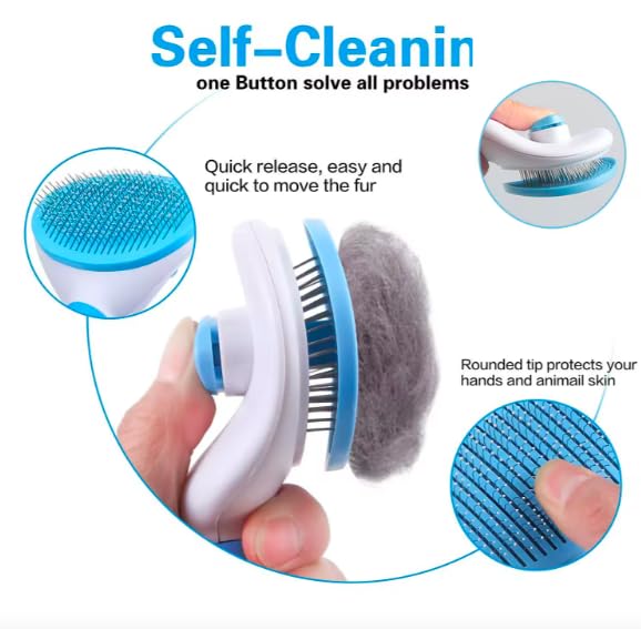 Pet Clean Hair Remover Button Stainless Steel Brushes Dogs Cat Slicker Self Cleaning Grooming Pet Comb Brush, blue, pink, grey