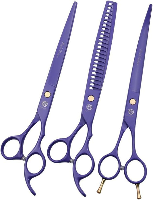 Purple Dragon 8.0 inch Professional Dog Grooming Hair Cutting Scissor &Curved Scissor&Chunker Shear Kit with Bag - for Pet Groomer or Family DIY Pet Use