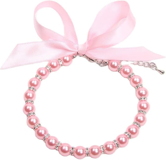 Dog Cat Pearls Necklace Collar with Bling Accessories and Ribbon Bow Pet Puppy Jewelry for Female Dogs Cats Small Medium (L, Pink)