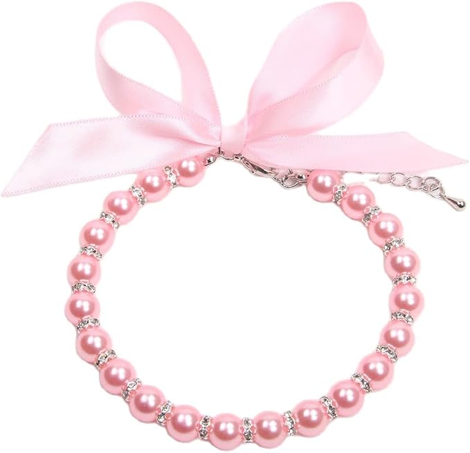 Dog Cat Pearls Necklace Collar with Bling Accessories and Ribbon Bow Pet Puppy Jewelry for Female Dogs Cats Small Medium (M, Pink)