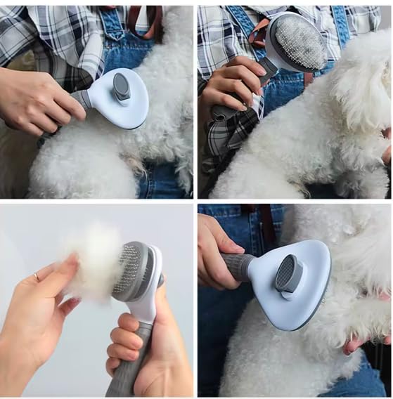 Pet Clean Hair Remover Button Stainless Steel Brushes Dogs Cat Slicker Self Cleaning Grooming Pet Comb Brush, blue, pink, grey
