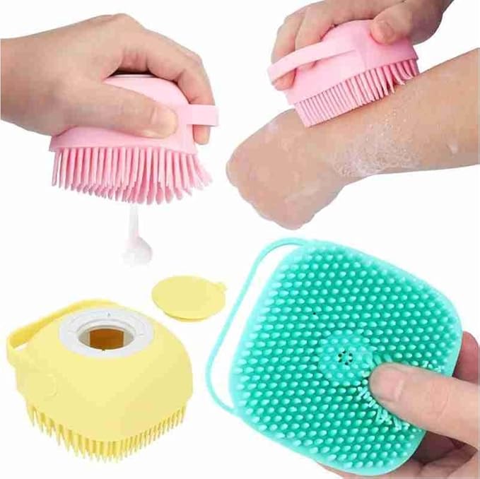 Dog Brush – Cat Brush – Shampoo Dispensing Scrubber – Soft Silicone Design – Hanging Loop – For All Skin Types – Grooming, Deshedding and Exfoliating, Blue