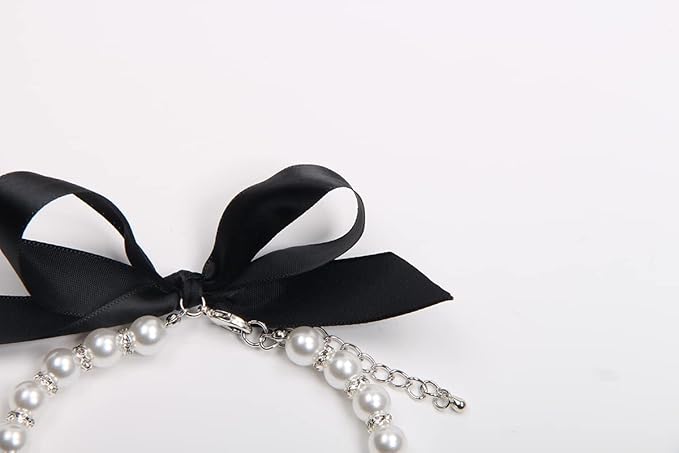 Dog Cat Pearls Necklace Collar with Bling Accessories and Ribbon Bow Pet Puppy Jewelry for Female Dogs Cats Small Medium (M, White)