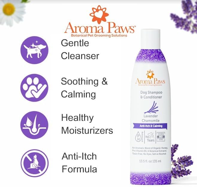 Dog Shampoo and Conditioner - Aromatic Tearless Shampoo for Cleansing, Grooming, and Conditioning - Moisturizing Shampoo for Dogs and Puppies - Lavender Chamomile 13.5 oz