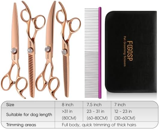 Rose Gold Titanium Dog Grooming Scissors Set 4PCS Curved Thinning Straight Chunkers Shears Kit with White Artificial Diamonds Ergonomic Offset Handle Japan 440C Sharp and Durable