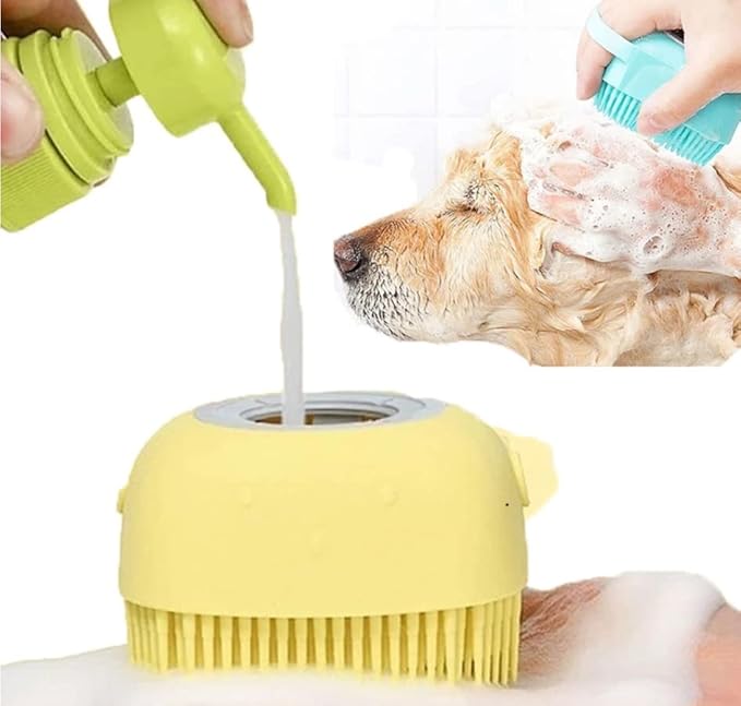 Dog Brush – Cat Brush – Shampoo Dispensing Scrubber – Soft Silicone Design – Hanging Loop – For All Skin Types – Grooming, Deshedding and Exfoliating, Blue