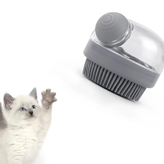 Pet Bath Brush with Soap Dispenser - Silicone Shower Brush for Short and Long-Haired Dogs and Cats (grey)