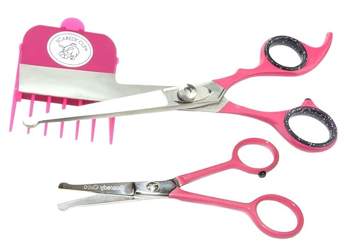 NO BUZZ Dog Clippers by SCAREDY CUT, + TINY TRIM Safety Scissor. A Silent Low Noise Pet Grooming Clipper, Right Handed Pink
