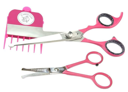 NO BUZZ Dog Clippers by SCAREDY CUT, + TINY TRIM Safety Scissor. A Silent Low Noise Pet Grooming Clipper, Right Handed Pink
