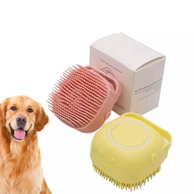 Dog Brush – Cat Brush – Shampoo Dispensing Scrubber – Soft Silicone Design – Hanging Loop – For All Skin Types – Grooming, Deshedding and Exfoliating, Pink