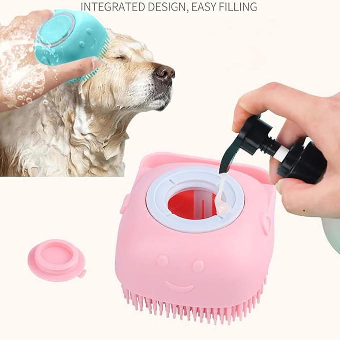 Dog Brush – Cat Brush – Shampoo Dispensing Scrubber – Soft Silicone Design – Hanging Loop – For All Skin Types – Grooming, Deshedding and Exfoliating, Pink