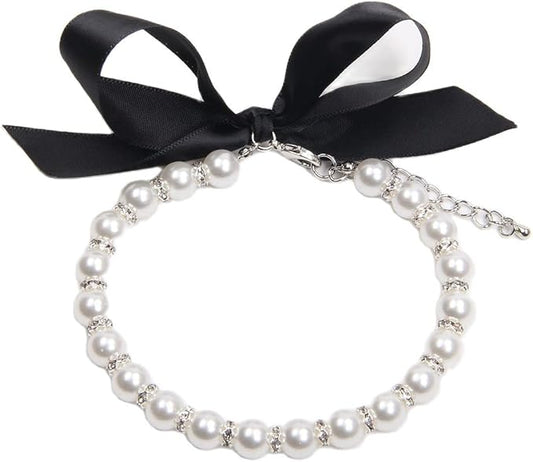 Dog Cat Pearls Necklace Collar with Bling Accessories and Ribbon Bow Pet Puppy Jewelry for Female Dogs Cats Small Medium (S, White)