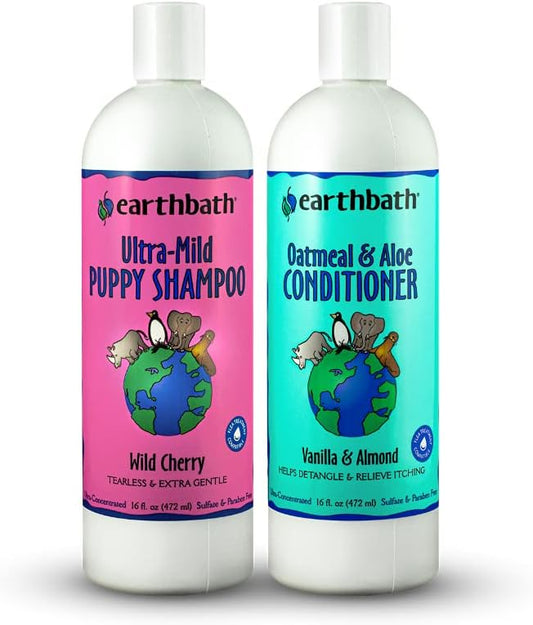 earthbath, Ultra-Mild Puppy Shampoo and Oatmeal & Aloe Conditioner - Best Dog Shampoo and Conditioner, Made in USA, 100% Cruelty Free Dog Wash, Soothing Oatmeal Shampoo for Dogs - 16 Oz (1 Set)