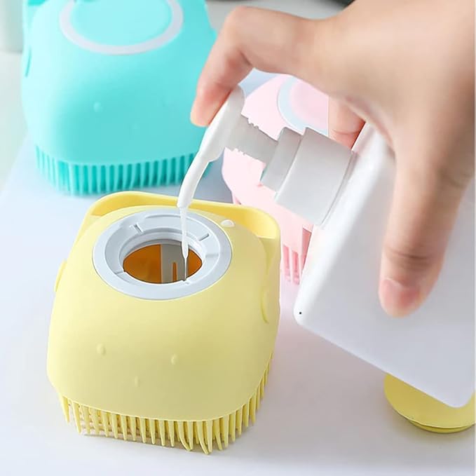 Dog Brush – Cat Brush – Shampoo Dispensing Scrubber – Soft Silicone Design – Hanging Loop – For All Skin Types – Grooming, Deshedding and Exfoliating, Yellow