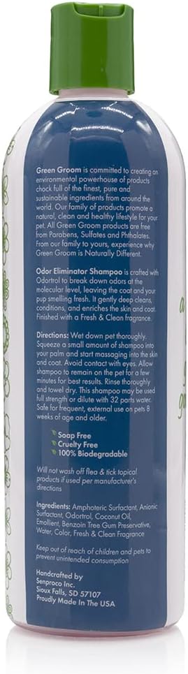 Green Groom Odor Eliminator Dog Shampoo, 16 oz - Crafted with Odortrol, All Natural Ingredients, Antioxidant Rich, Eliminates Smelly Pet Odors, Powerful Deodorizing Formula, Professional Grade