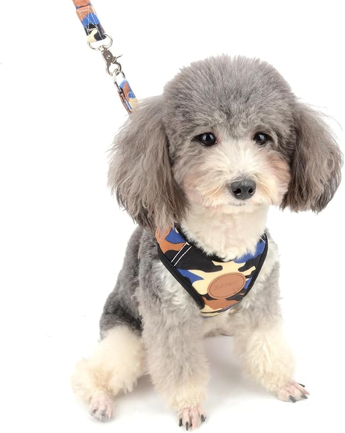 SMALLLEE_LUCKY_STORE Small Dog Cat Mesh Harness & Lead No Escape Adjustable Padded Military Camo Blue, L Chest:13.5"-17.5",Weight 11-14.5lbs