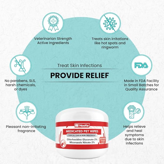 Nootie Medicated Dog Wipes - Antifungal Wipes - Antibacterial Wipes - Antimicrobial Wipes for Dogs 2% Chlorhexidine Wipes with 2% Micronazole for Best Results with Cats and Dogs Problems 60 pads - USA, White