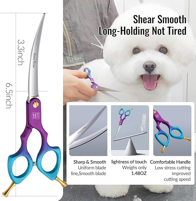 Fenice Dog Grooming Curved Scissors: 6.5" Pet Self-sharpening Split Finishing Shears for Dogs' Faces and Eyes Lightweight Ideal for Tight Spaces and Detailed Grooming Japan VG10 Alloy Steel 63HRC